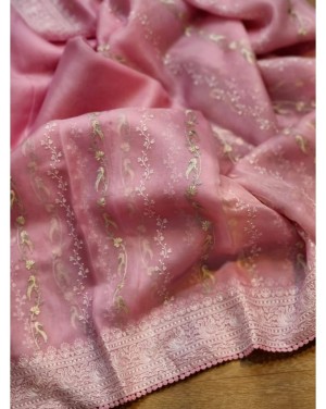 Designer kasab lacknowi soft organza silk pink saree